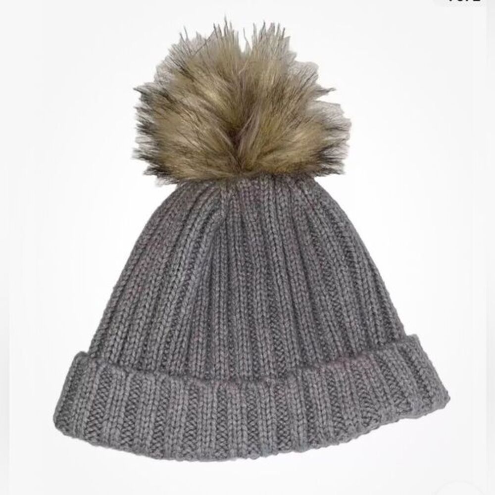 J Crew Womens Beanie Hat Cotton  Faux Fur Pom Pom (B10)